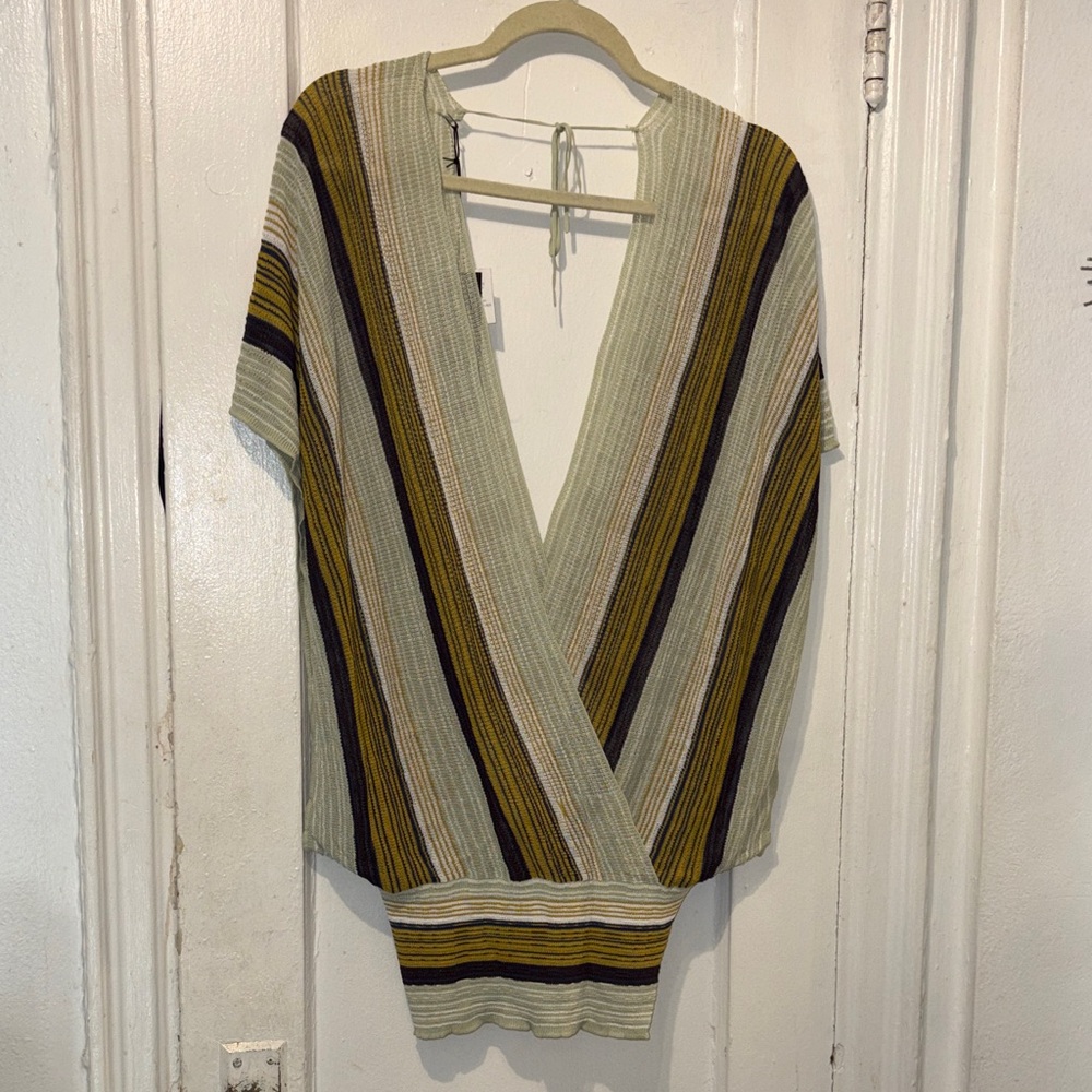 Dolce Cabo Striped V-Neck Knit Top in Olive, Mustard, Black